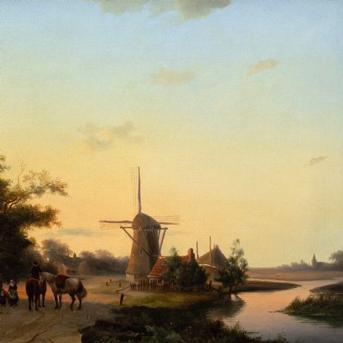 19THCENTURY DUTCH SCHOOL RIVER LANDSCAPE WITH INN WINDMILL ANTIQUE OIL PAINTING - ADDITIONAL PHOTO 6