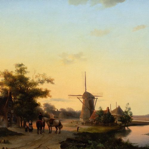 19THCENTURY DUTCH SCHOOL RIVER LANDSCAPE WITH INN WINDMILL ANTIQUE OIL PAINTING - ADDITIONAL PHOTO 7