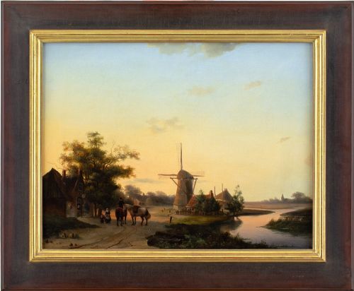 19thcentury dutch school river landscape with inn windmill antique oil painting - CATEGORY: ANTIQUE ART - DATED 1870