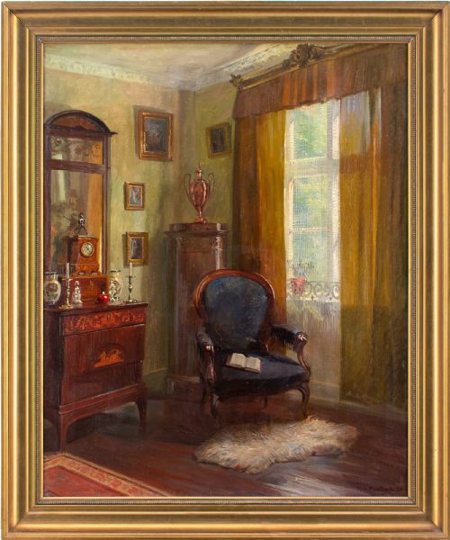 robert panitzsch interior with armchair window oil painting - CATEGORY: ANTIQUE ART - DATED 1920