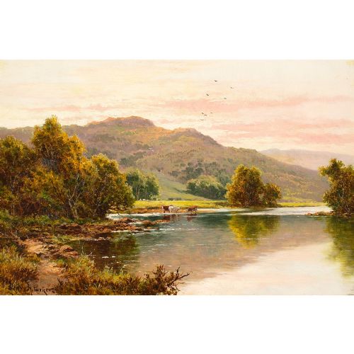 HENRY H PARKER HIGHLAND LOCH WITH CATTLE ANTIQUE OIL PAINTING - ADDITIONAL PHOTO 1