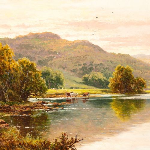 HENRY H PARKER HIGHLAND LOCH WITH CATTLE ANTIQUE OIL PAINTING - ADDITIONAL PHOTO 2