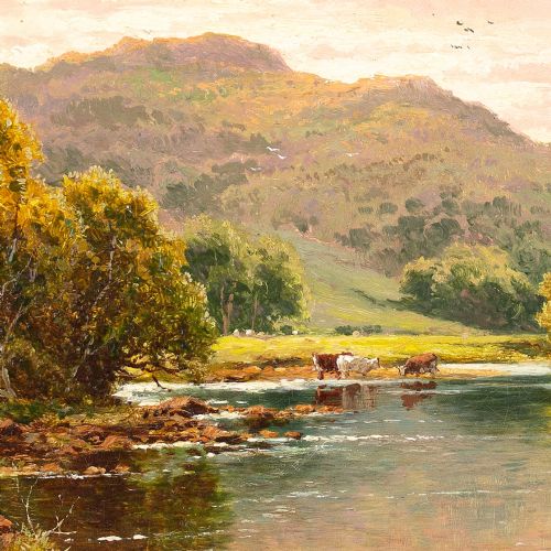 HENRY H PARKER HIGHLAND LOCH WITH CATTLE ANTIQUE OIL PAINTING - ADDITIONAL PHOTO 3