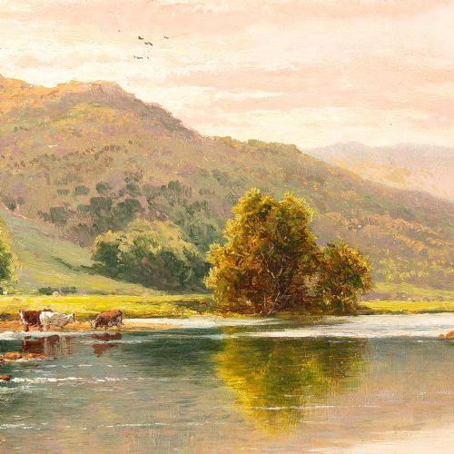 HENRY H PARKER HIGHLAND LOCH WITH CATTLE ANTIQUE OIL PAINTING - ADDITIONAL PHOTO 6