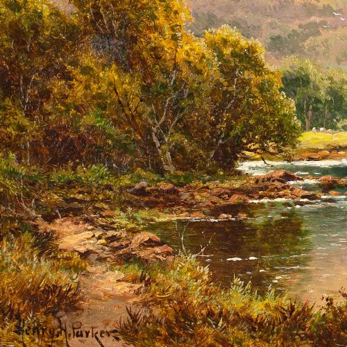 HENRY H PARKER HIGHLAND LOCH WITH CATTLE ANTIQUE OIL PAINTING - ADDITIONAL PHOTO 7
