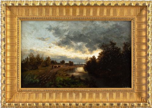 emma von boeckh river landscape with cattle drover antique oil painting - CATEGORY: ANTIQUE ART - DATED 1870