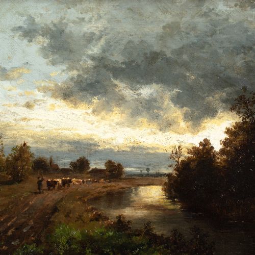 EMMA VON BOECKH RIVER LANDSCAPE WITH CATTLE DROVER ANTIQUE OIL PAINTING - ADDITIONAL PHOTO 2