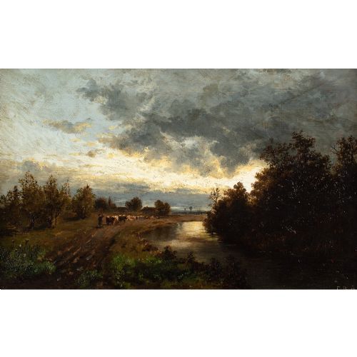 EMMA VON BOECKH RIVER LANDSCAPE WITH CATTLE DROVER ANTIQUE OIL PAINTING - ADDITIONAL PHOTO 4