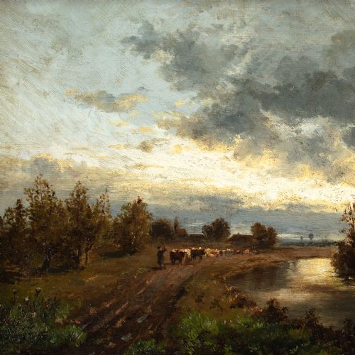 EMMA VON BOECKH RIVER LANDSCAPE WITH CATTLE DROVER ANTIQUE OIL PAINTING - ADDITIONAL PHOTO 5