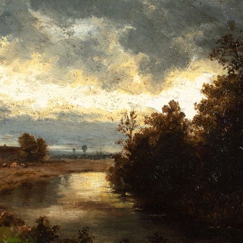 EMMA VON BOECKH RIVER LANDSCAPE WITH CATTLE DROVER ANTIQUE OIL PAINTING - ADDITIONAL PHOTO 7