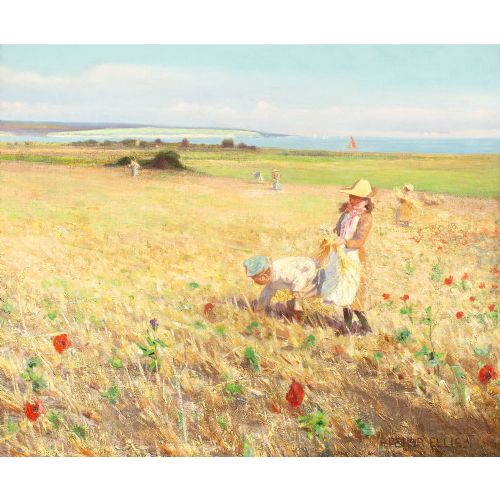 fig 2. Arthur Ellis, Children In A Cornfield - Antique Oil Painting 