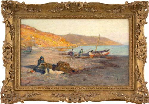 frank dickson mending the fishermen's nets antique oil painting - CATEGORY: ANTIQUE ART - DATED 1920