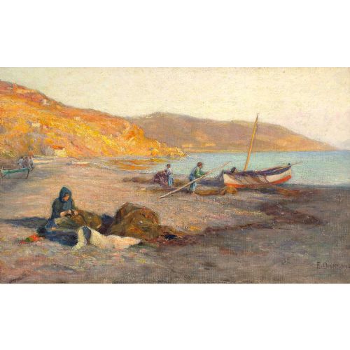 FRANK DICKSON MENDING THE FISHERMEN'S NETS ANTIQUE OIL PAINTING - ADDITIONAL PHOTO 1