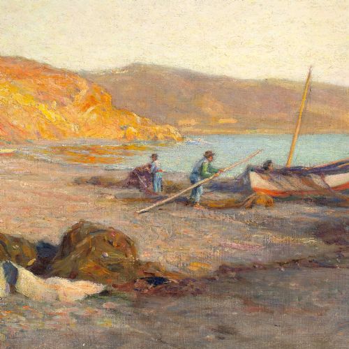FRANK DICKSON MENDING THE FISHERMEN'S NETS ANTIQUE OIL PAINTING - ADDITIONAL PHOTO 2