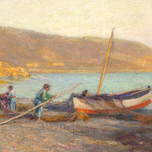 FRANK DICKSON MENDING THE FISHERMEN'S NETS ANTIQUE OIL PAINTING - ADDITIONAL PHOTO 6