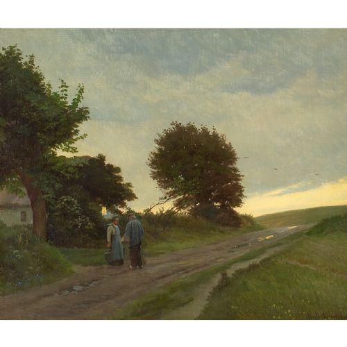 GUSTAV VERMEHREN LANDSCAPE WITH OLDER COUPLE ANTIQUE OIL PAINTING - ADDITIONAL PHOTO 2
