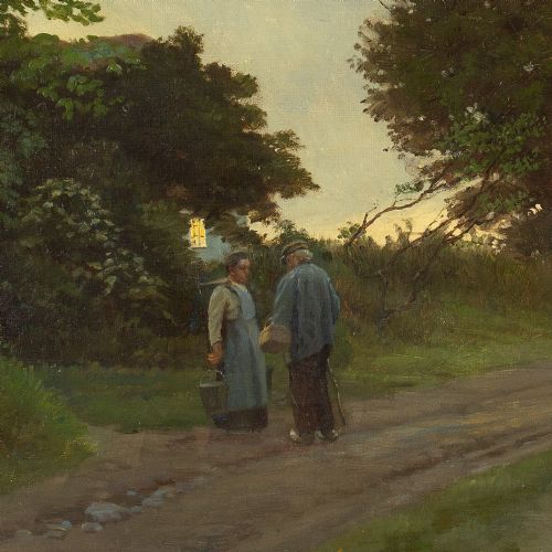 GUSTAV VERMEHREN LANDSCAPE WITH OLDER COUPLE ANTIQUE OIL PAINTING - ADDITIONAL PHOTO 3