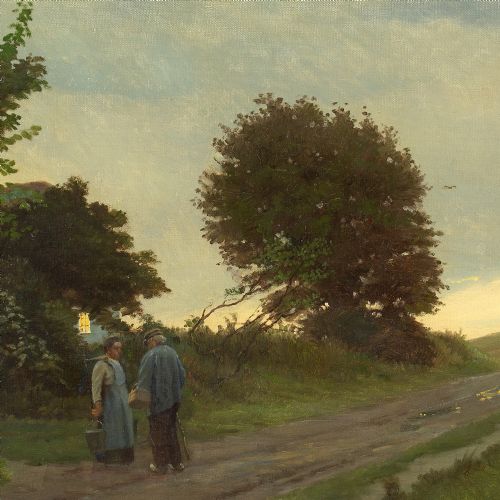 GUSTAV VERMEHREN LANDSCAPE WITH OLDER COUPLE ANTIQUE OIL PAINTING - ADDITIONAL PHOTO 5