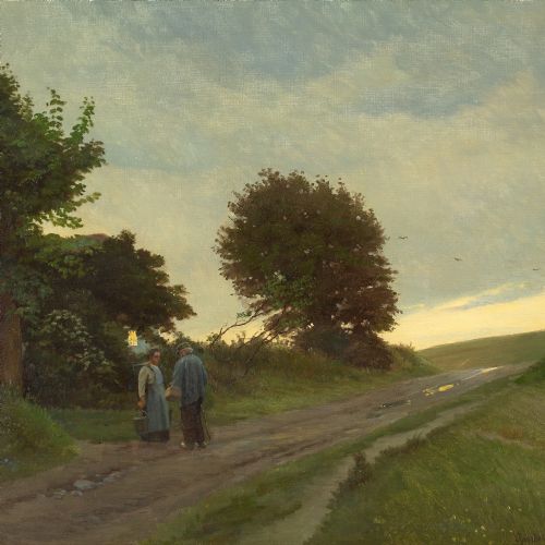 GUSTAV VERMEHREN LANDSCAPE WITH OLDER COUPLE ANTIQUE OIL PAINTING - ADDITIONAL PHOTO 6