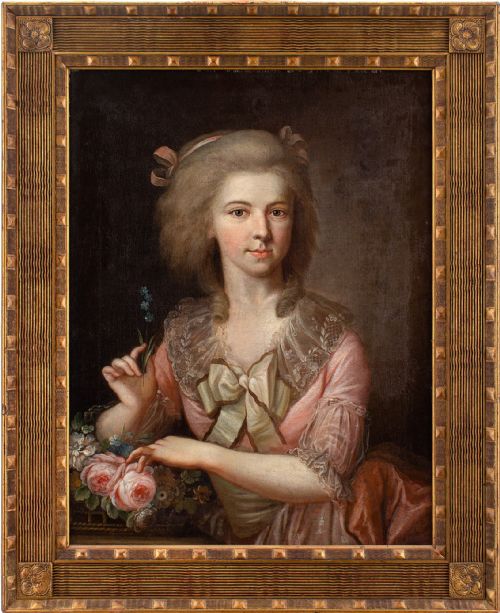 johann heinrich tischbein circle portrait of a lady with forgetmenots antique oil painting - CATEGORY: ANTIQUE ART - DATED 18TH CENTURY