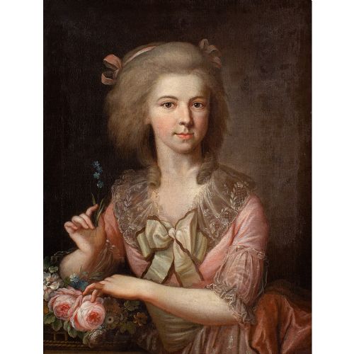 JOHANN HEINRICH TISCHBEIN CIRCLE PORTRAIT OF A LADY WITH FORGETMENOTS ANTIQUE OIL PAINTING - ADDITIONAL PHOTO 1