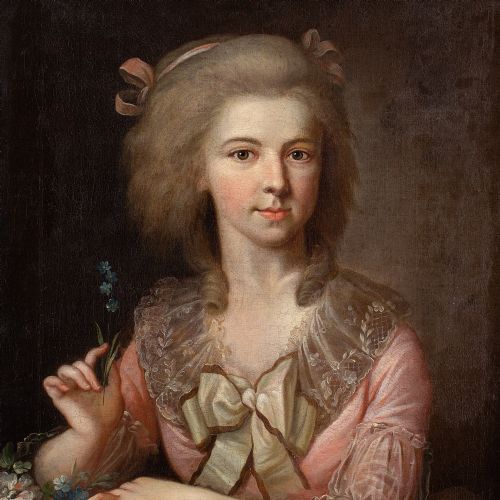 JOHANN HEINRICH TISCHBEIN CIRCLE PORTRAIT OF A LADY WITH FORGETMENOTS ANTIQUE OIL PAINTING - ADDITIONAL PHOTO 3