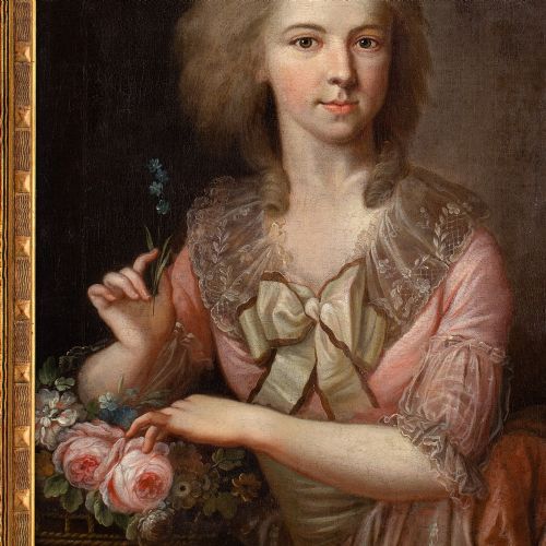 JOHANN HEINRICH TISCHBEIN CIRCLE PORTRAIT OF A LADY WITH FORGETMENOTS ANTIQUE OIL PAINTING - ADDITIONAL PHOTO 5