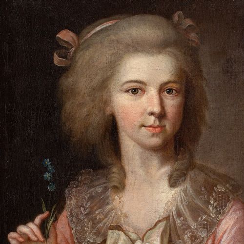 JOHANN HEINRICH TISCHBEIN CIRCLE PORTRAIT OF A LADY WITH FORGETMENOTS ANTIQUE OIL PAINTING - ADDITIONAL PHOTO 6