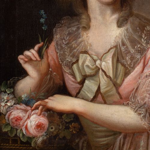 JOHANN HEINRICH TISCHBEIN CIRCLE PORTRAIT OF A LADY WITH FORGETMENOTS ANTIQUE OIL PAINTING - ADDITIONAL PHOTO 7