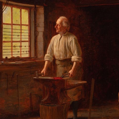 EDWIN HUGHES THE BLACKSMITH ANTIQUE OIL PAINTING - ADDITIONAL PHOTO 1