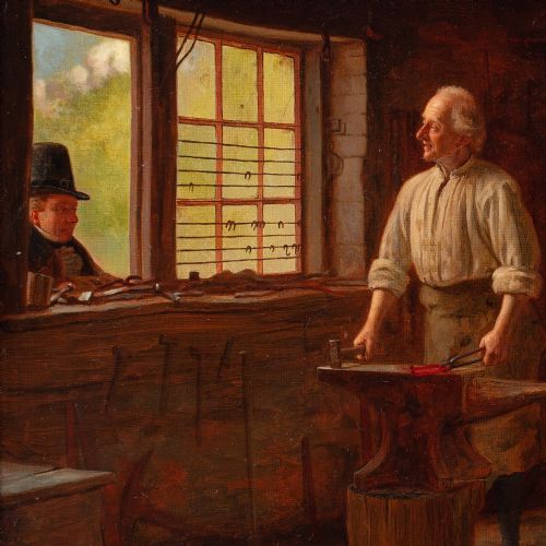 EDWIN HUGHES THE BLACKSMITH ANTIQUE OIL PAINTING - ADDITIONAL PHOTO 4