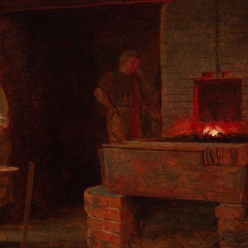 EDWIN HUGHES THE BLACKSMITH ANTIQUE OIL PAINTING - ADDITIONAL PHOTO 6