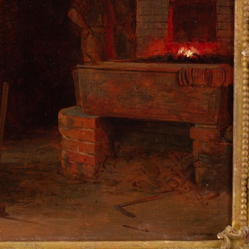 EDWIN HUGHES THE BLACKSMITH ANTIQUE OIL PAINTING - ADDITIONAL PHOTO 7