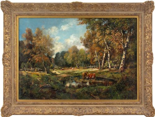 camille magnus forest landscape with cattle antique oil painting - CATEGORY: ANTIQUE ART - DATED 1890