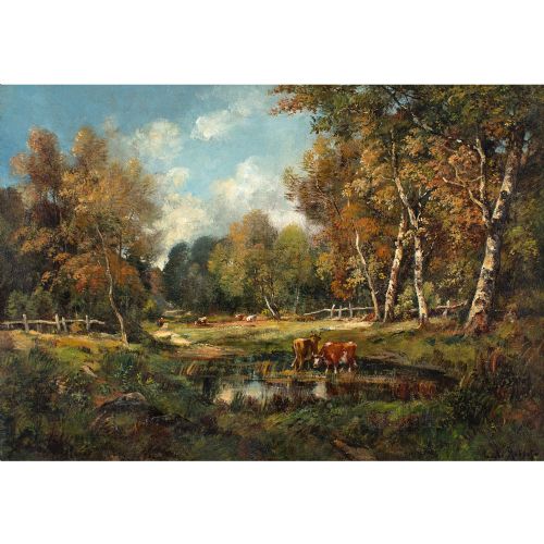 CAMILLE MAGNUS FOREST LANDSCAPE WITH CATTLE ANTIQUE OIL PAINTING - ADDITIONAL PHOTO 1