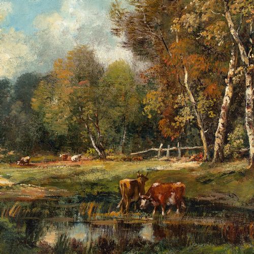 CAMILLE MAGNUS FOREST LANDSCAPE WITH CATTLE ANTIQUE OIL PAINTING - ADDITIONAL PHOTO 3