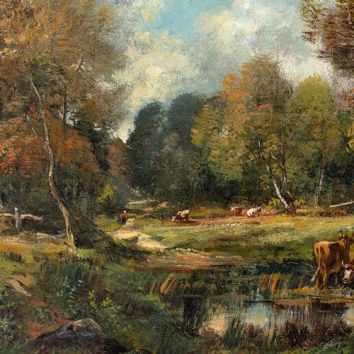 CAMILLE MAGNUS FOREST LANDSCAPE WITH CATTLE ANTIQUE OIL PAINTING - ADDITIONAL PHOTO 5