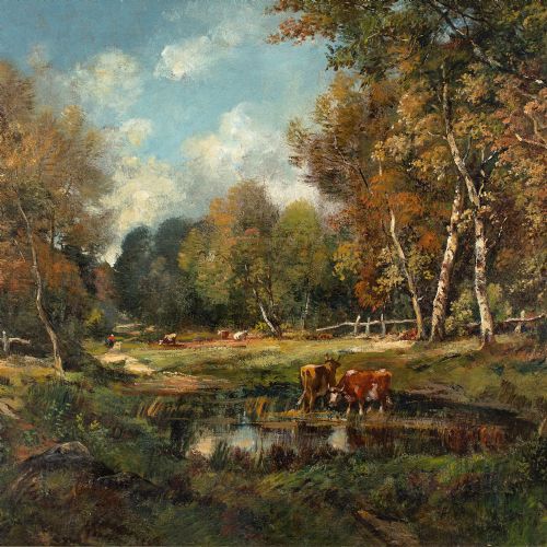 CAMILLE MAGNUS FOREST LANDSCAPE WITH CATTLE ANTIQUE OIL PAINTING - ADDITIONAL PHOTO 7