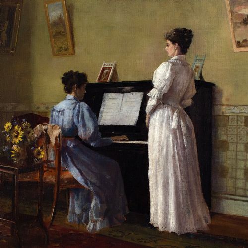 LOUISE PARKER THE RECITAL ANTIQUE OIL PAINTING - ADDITIONAL PHOTO 3
