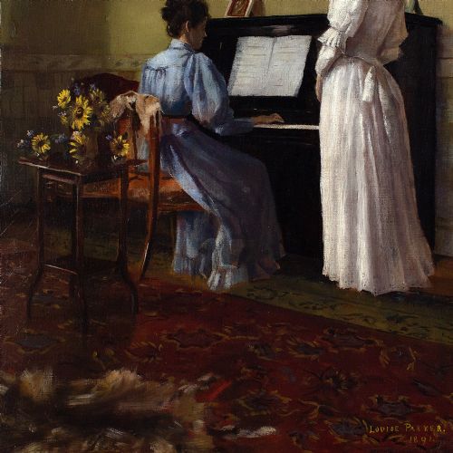 LOUISE PARKER THE RECITAL ANTIQUE OIL PAINTING - ADDITIONAL PHOTO 4