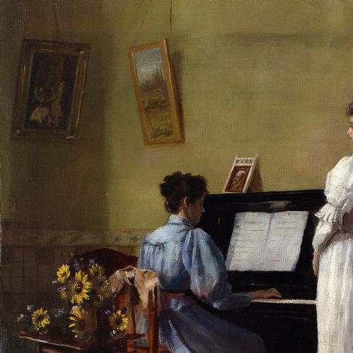LOUISE PARKER THE RECITAL ANTIQUE OIL PAINTING - ADDITIONAL PHOTO 7