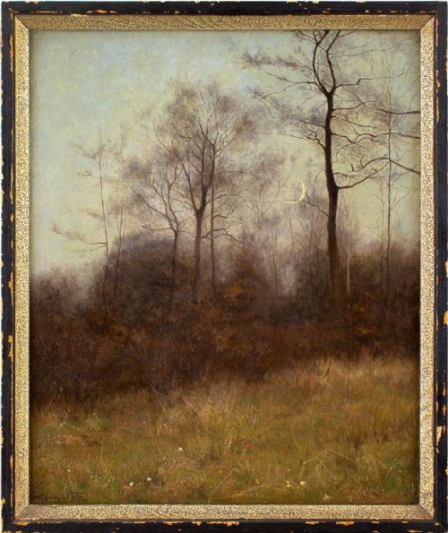 Ernst Ludwig Von Aster, Autumn Landscape with Crescent Moon - Antique Oil Painting