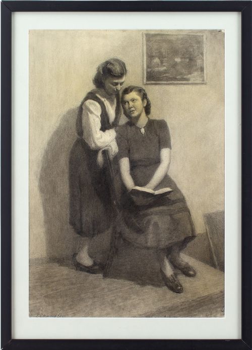 boris sporykhin interior with girls reading drawing - CATEGORY: ANTIQUE ART - DATED 1950