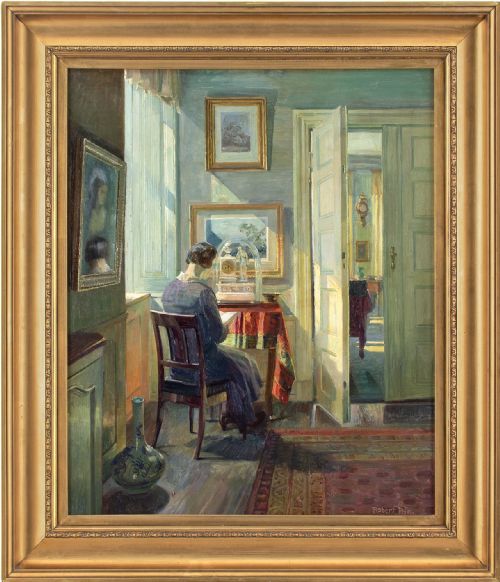 robert panitzsch sunlit interior with lady reading oil painting - CATEGORY: ANTIQUE ART - DATED 1920