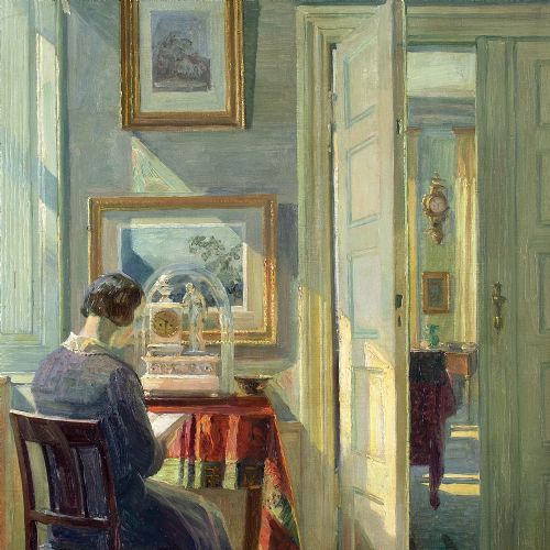 ROBERT PANITZSCH SUNLIT INTERIOR WITH LADY READING OIL PAINTING - ADDITIONAL PHOTO 3
