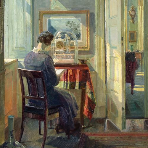ROBERT PANITZSCH SUNLIT INTERIOR WITH LADY READING OIL PAINTING - ADDITIONAL PHOTO 5