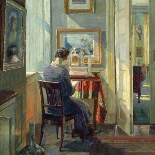 ROBERT PANITZSCH SUNLIT INTERIOR WITH LADY READING OIL PAINTING - ADDITIONAL PHOTO 6
