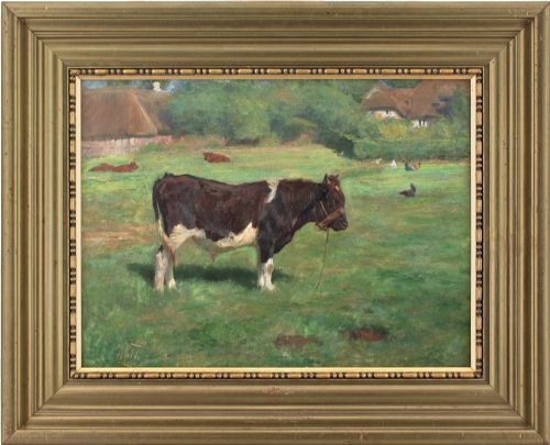 michael therkildsen landscape with bull thatched buildings antique oil painting - CATEGORY: ANTIQUE ART - DATED 1910