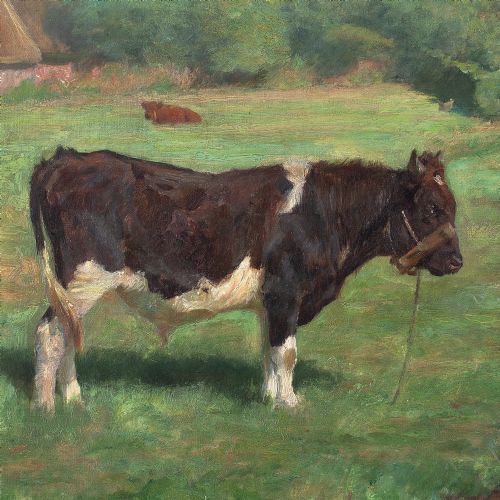 MICHAEL THERKILDSEN LANDSCAPE WITH BULL THATCHED BUILDINGS ANTIQUE OIL PAINTING - ADDITIONAL PHOTO 1