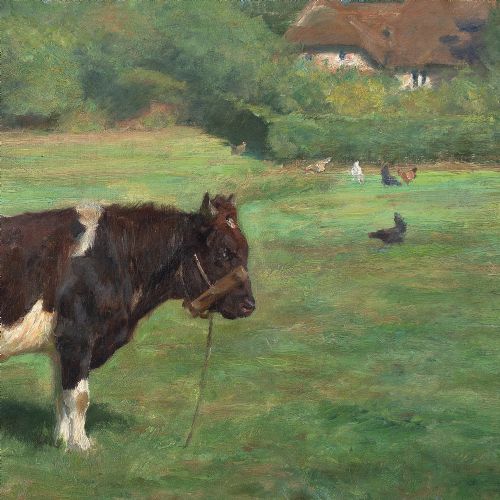 MICHAEL THERKILDSEN LANDSCAPE WITH BULL THATCHED BUILDINGS ANTIQUE OIL PAINTING - ADDITIONAL PHOTO 2